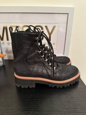 Marc Fisher Black Croc-Embossed Lace-Up Combat Boots like new